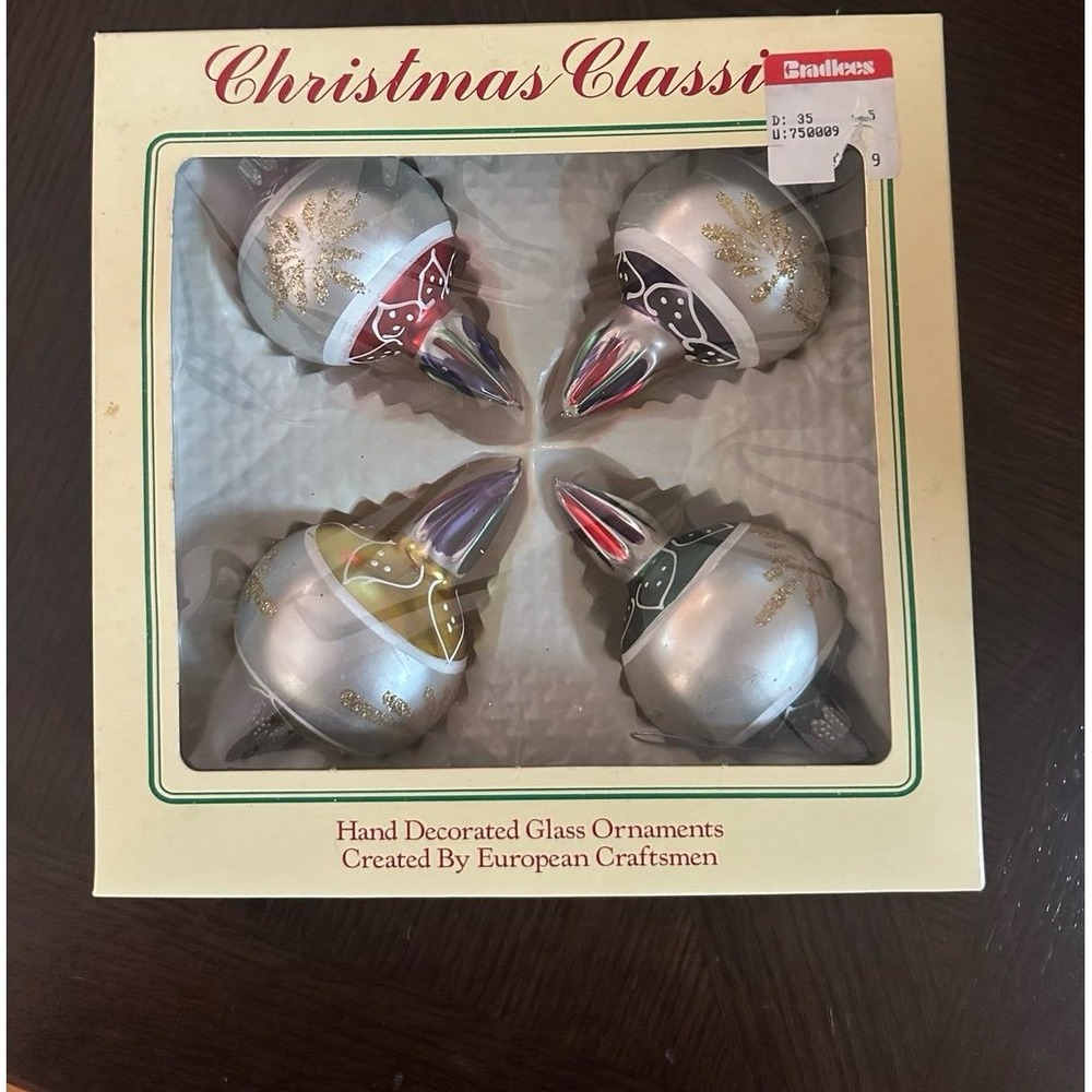 VTG Christmas Classic Hand Decorated Glass Ornaments 4 pack Mid Mod